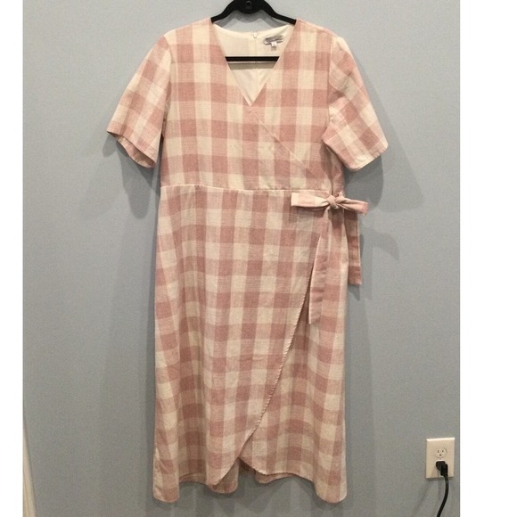 Sweet Salt Dresses & Skirts - Sweet Salt Womens Faux Wrap Linen Blend Midi Dress XL Pink Gingham Modest Fall